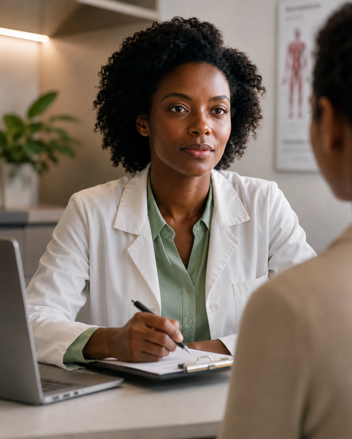 Médica em atendimento, escutando a paciente no consultório